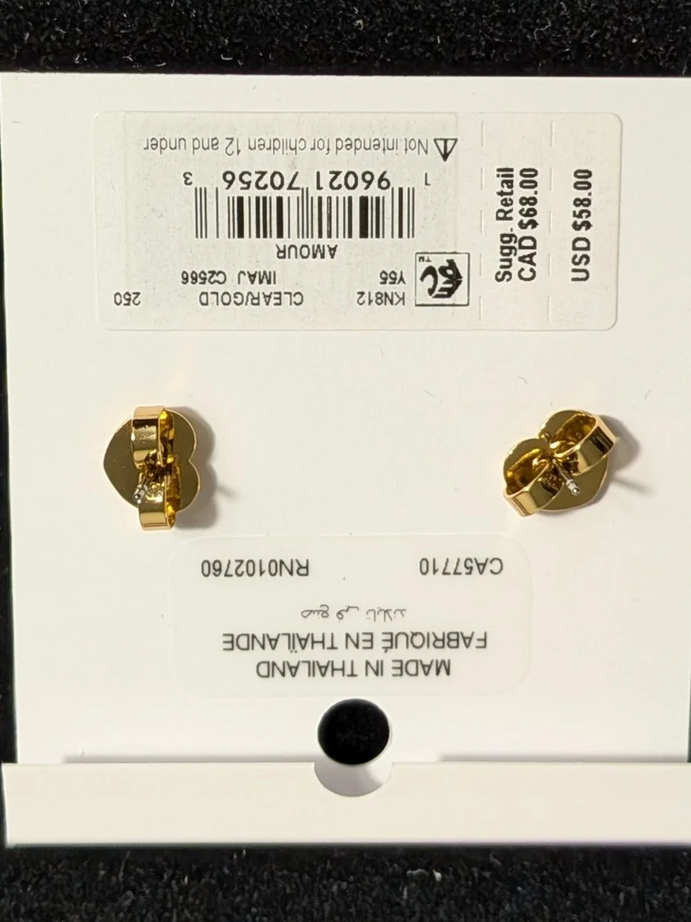 Kate Spade New York Amour Heart Stud Earrings Clear Gold Pavé NWT